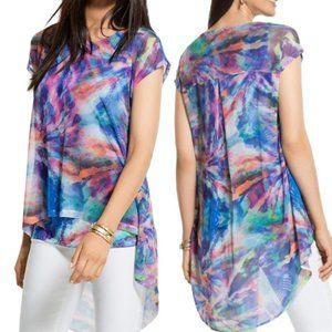 Chicos Women's Blue/Multicolor Painted Beauty Layered High-Low Hem Top Size 2